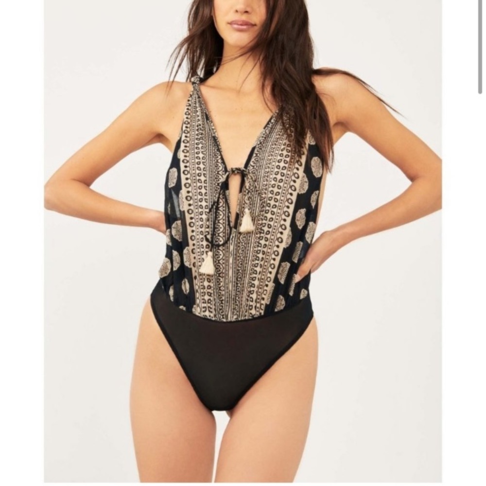 Free People Black and Cream Printed V-Neck Bodysuit